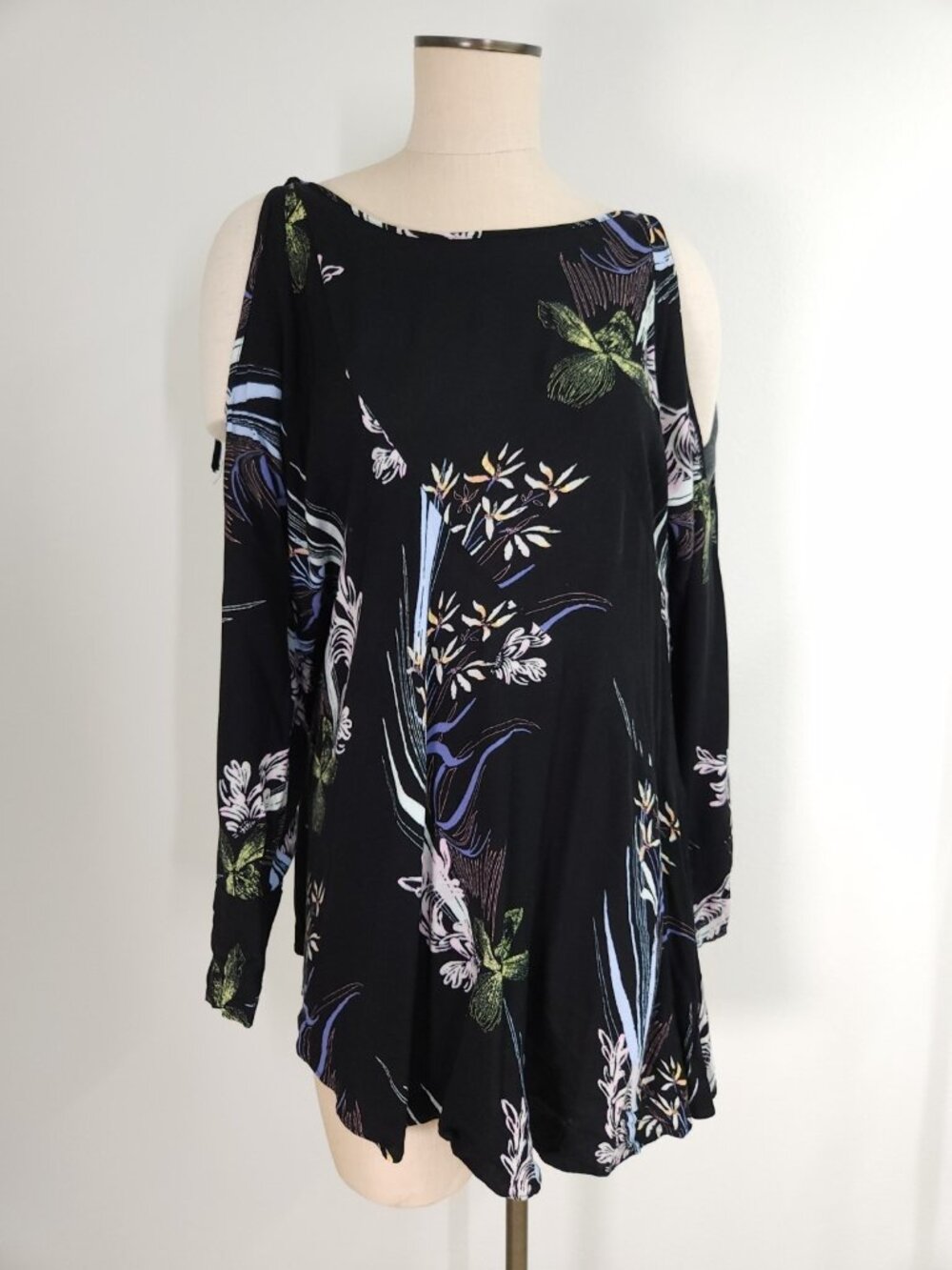 Free People Womens Small Floral Cold Shoulder Long Sleeve Tunic Mini Dress Black